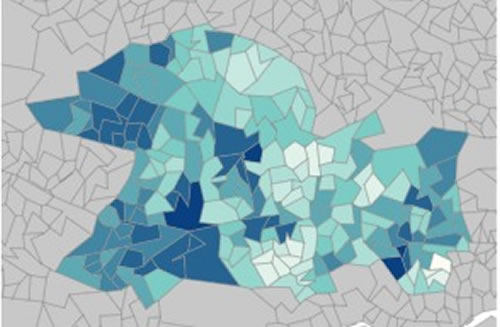 Map showing deprivation levels with darker blue indicating higher levels