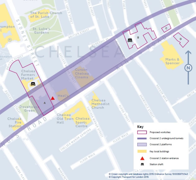 Map of sites around the proposed Crossrail 2 stop on Kings Road