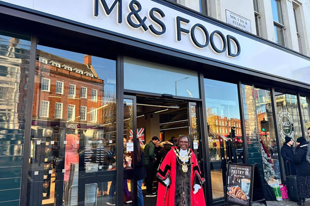 H&F Mayor Cllr Sharon Holder outside the new M&S store
