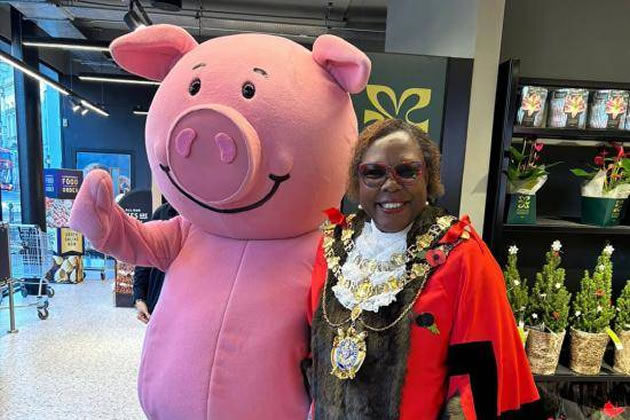 Percy Pig with Cllr Holder