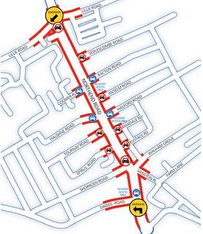 Map showing closure of North End Road, Fulham on December 6