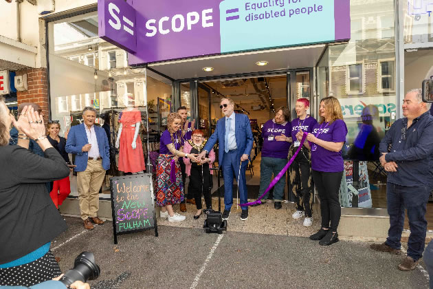 Left to right: Karol Zur, Shop Manager, Scope Fulham, Mayor of Hammersmith and Fulham, Cllr Patricia Quigley, Sir Robin Millar, Chair of the Board of Trustees, Scope