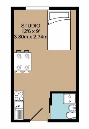 Plan of tiny studio flat for sale in Fulham