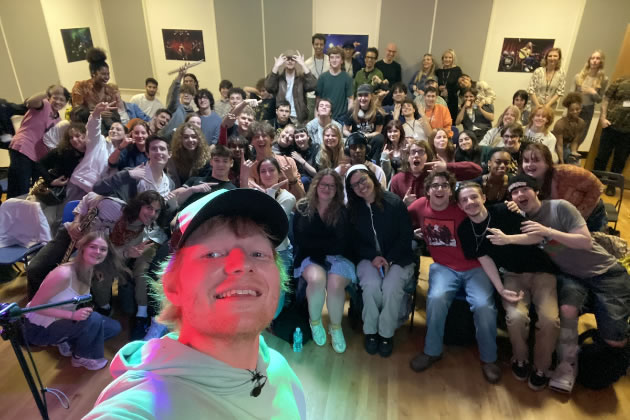 Ed Sheeran with staff and sixth formers at the contemporary music academy