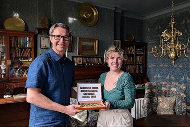 Jason Sandy donating Doves Type to curator Taryn Power at Emery Walker's House 2026
