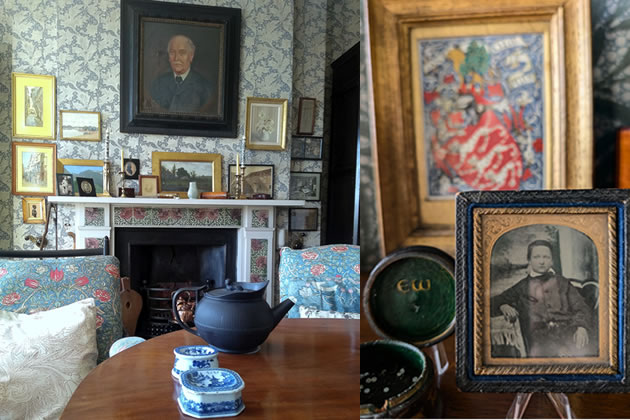 Left: Drawing Room with portrait of Walker by Neville Lytton dated 1906. Right: Portrait of Emery Walker as a boy beside a box dedicated to him by his daughter, Dorothy. &copy; Lucinda MacPherson&copy; 