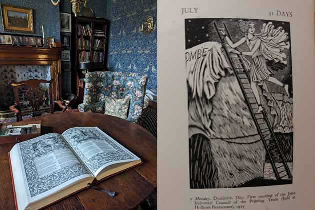 Left: Dining Room Emery Walker's House. Right: July, from 1929 Almanac, published by the Golden Cockerel Press, with woodcut illustrations by Eric Ravilious. Picture: Lucinda MacPherson