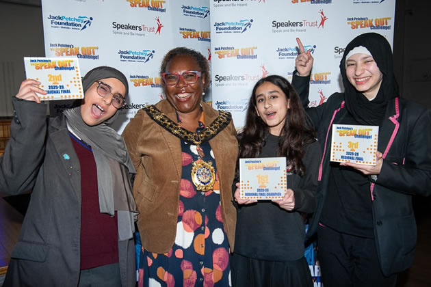 (L to R): 2nd place Tasnim Albrek, Mayor of Hammersmith & Fulham Cllr Sharon Holder, 1st place Nida Ayyubi, and 3rd place Sara Bouridane. 