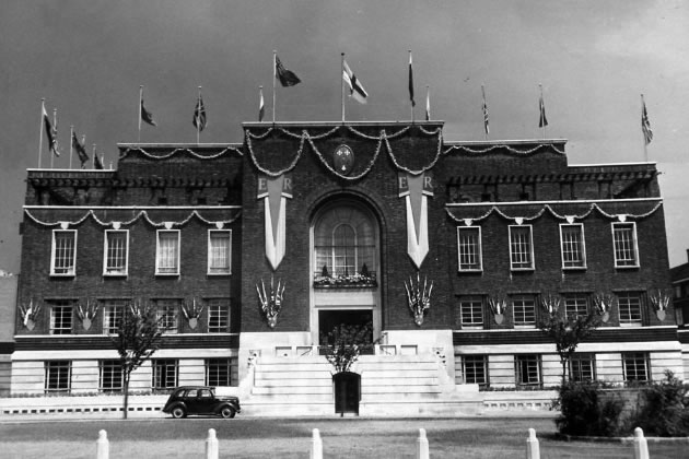 Hammersmith Town Hall decorated for the Queen's coronation 